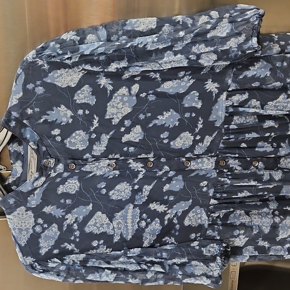 đź’•RAQUEL ALLEGRAđź’• Peasant Tiered Dress ~100% Silk Navy Blue Print Medium - Picture 13 of 16